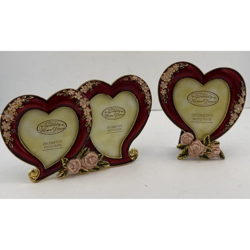 2 Vtg Y2K New Quality Home Decore Picture Photo Frames Enamel Floral Hearts